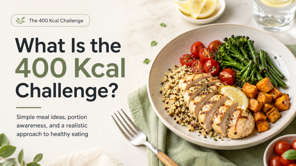 Featured image for What Is the 400 Kcal Challenge, showing a balanced 400 kcal-style meal with grilled chicken, vegetables, quinoa, sweet potato, and simple healthy eating guidance.