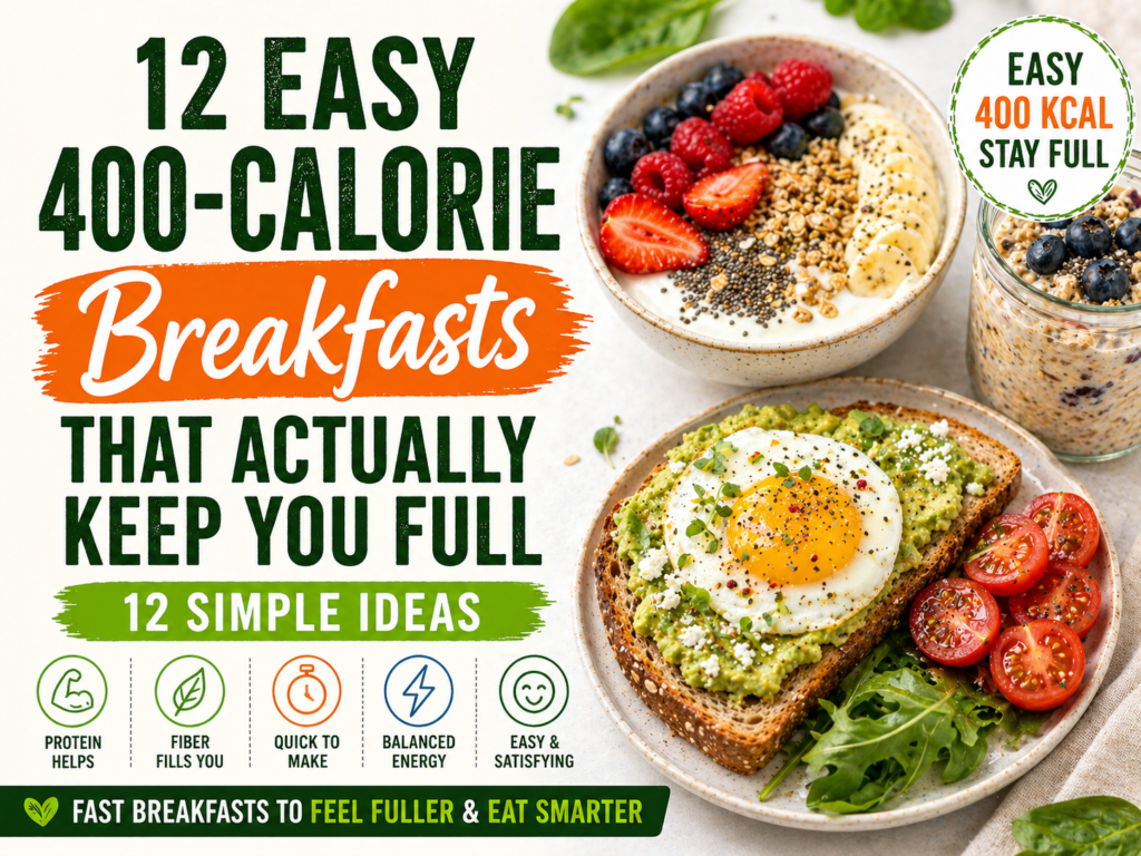 Featured image for 12 easy 400-calorie breakfasts, showing avocado egg toast, yogurt berry bowl, overnight oats and text about filling breakfast ideas.