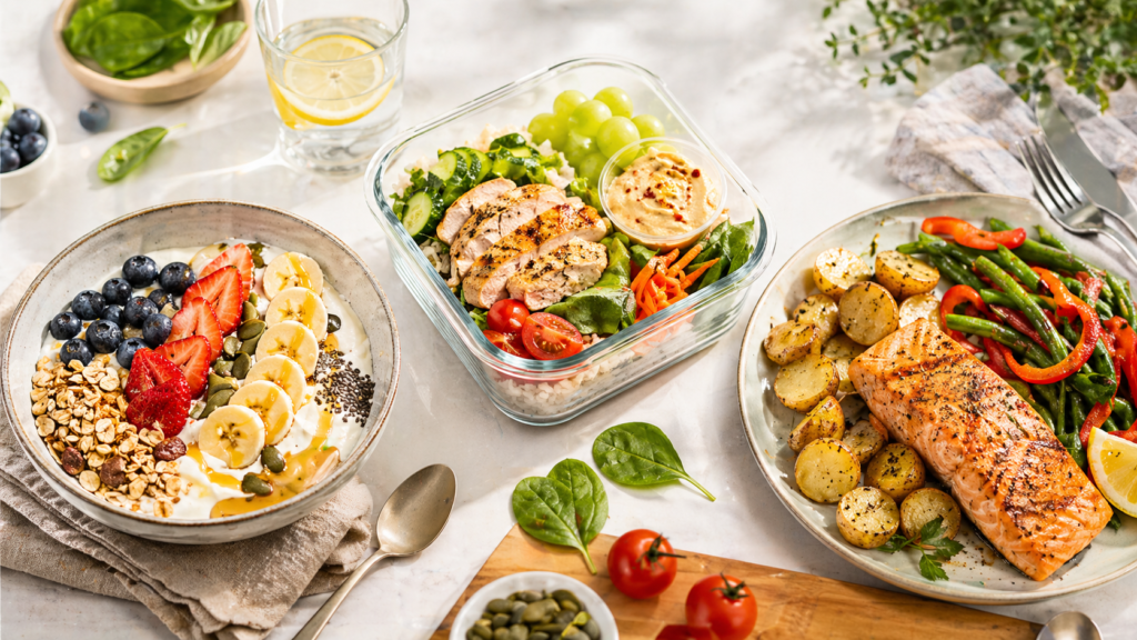 Three quick 400 calorie meal ideas including a breakfast bowl, a healthy lunch box, and a simple salmon dinner