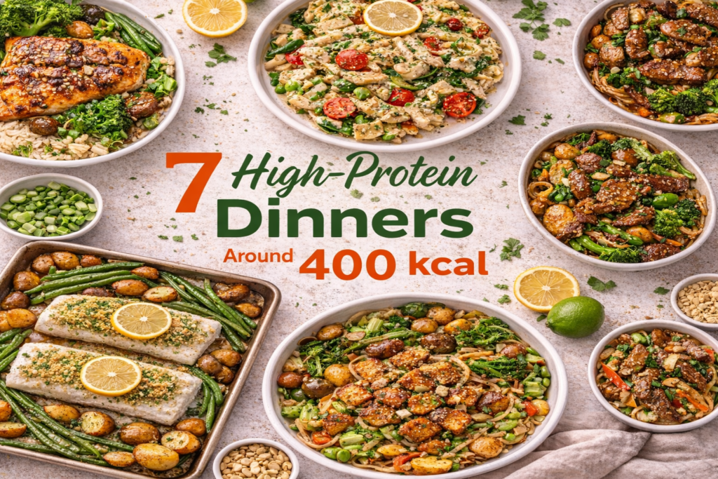 Featured image collage for 7 high-protein dinners around 400 kcal with salmon, chicken pasta, cod traybake, and tofu noodle bowl