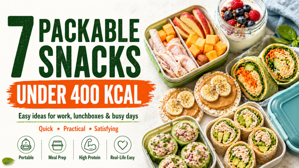 Featured image for 7 packable snacks under 400 kcal with lunchbox snack boxes, yogurt jar, wraps, rice cakes, and cucumber cups.