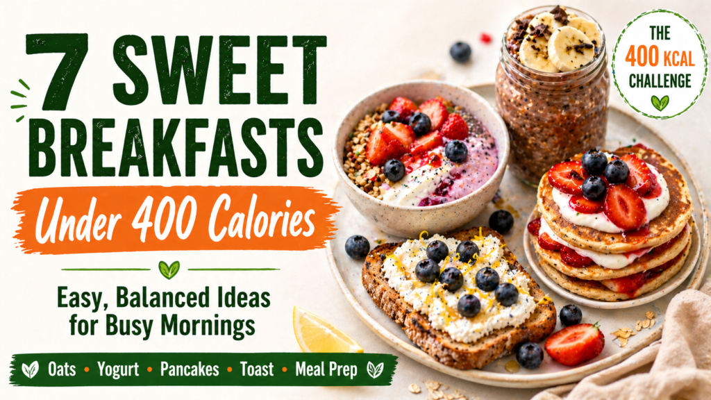 Featured image for 7 sweet breakfasts under 400 calories with yogurt bowl, pancakes, ricotta toast and chocolate banana overnight oats.