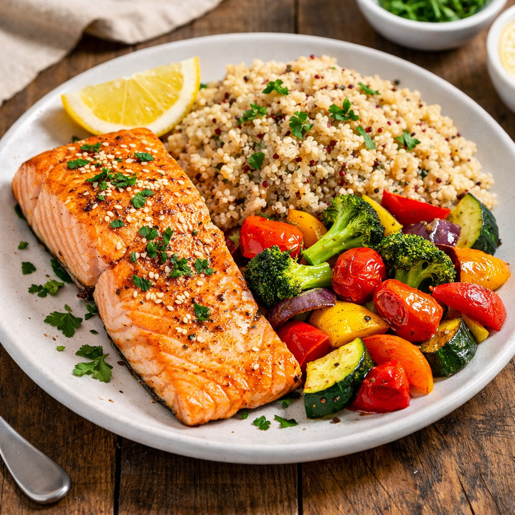 Baked salmon served with quinoa and colourful roasted vegetables representing a 400 kcal lunch.