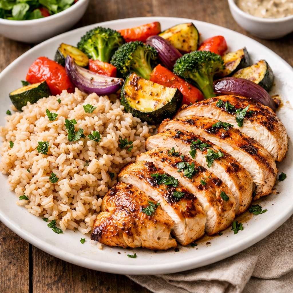 Brown rice paired with grilled chicken and oven-roasted vegetables representing a 400 kcal dinner.