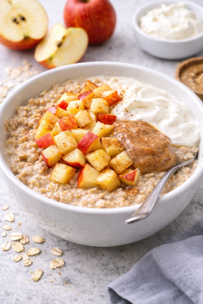 Apple-cinnamon protein oatmeal topped with diced apple, Greek yogurt, and almond butter