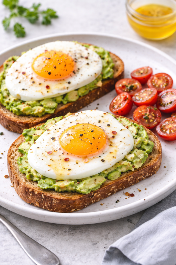 Avocado egg toast with cherry tomatoes on whole-grain bread