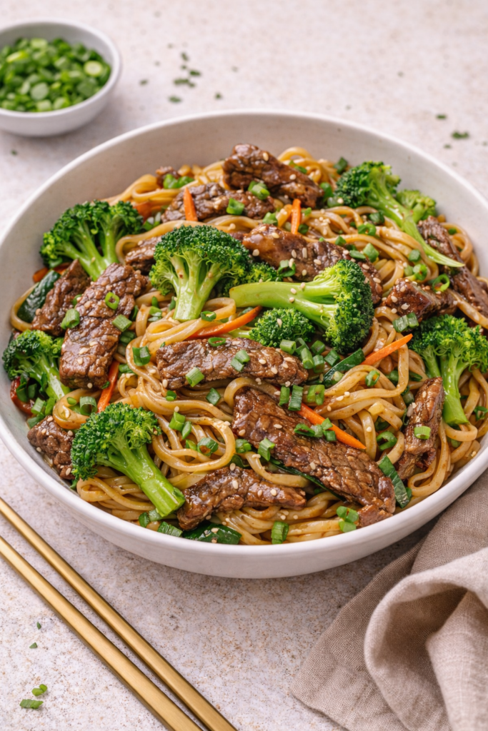 Beef and broccoli noodle stir-fry with egg noodles, carrot, and spring onion in a white bowl