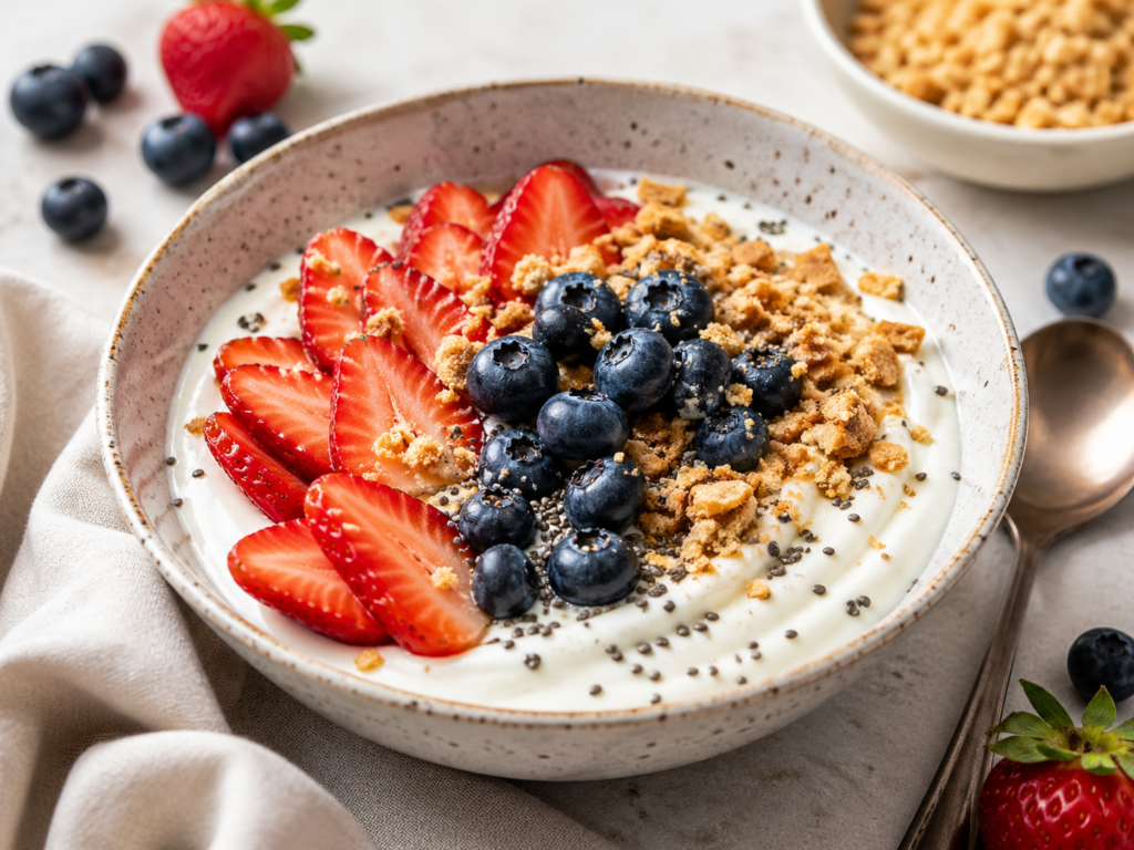 Berry yogurt cheesecake bowl under 400 calories with Greek yogurt, sliced strawberries, blueberries, chia seeds and graham cracker crumbs.