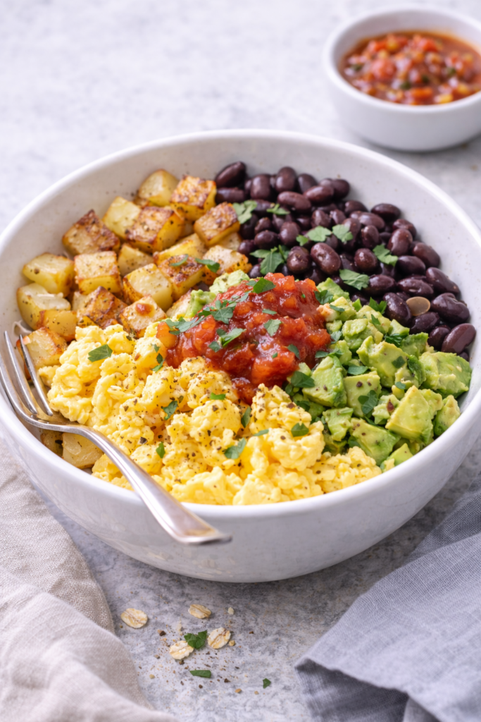 Breakfast burrito bowl with scrambled eggs, black beans, roasted potatoes, avocado, and salsa