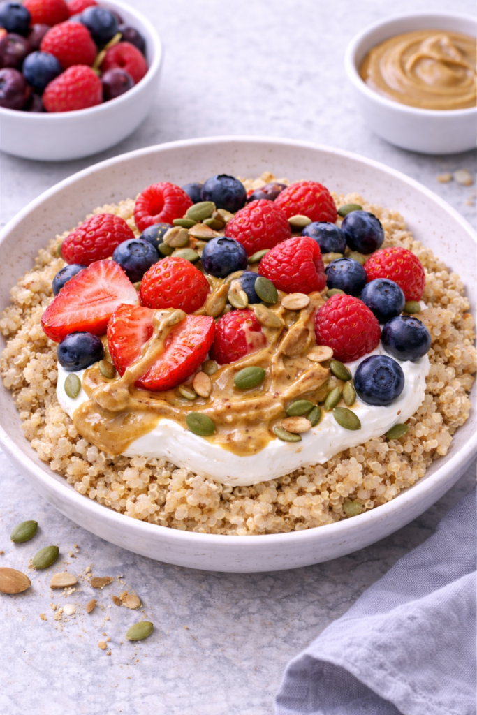 Breakfast quinoa bowl with Greek yogurt, berries, almond butter, and pumpkin seeds