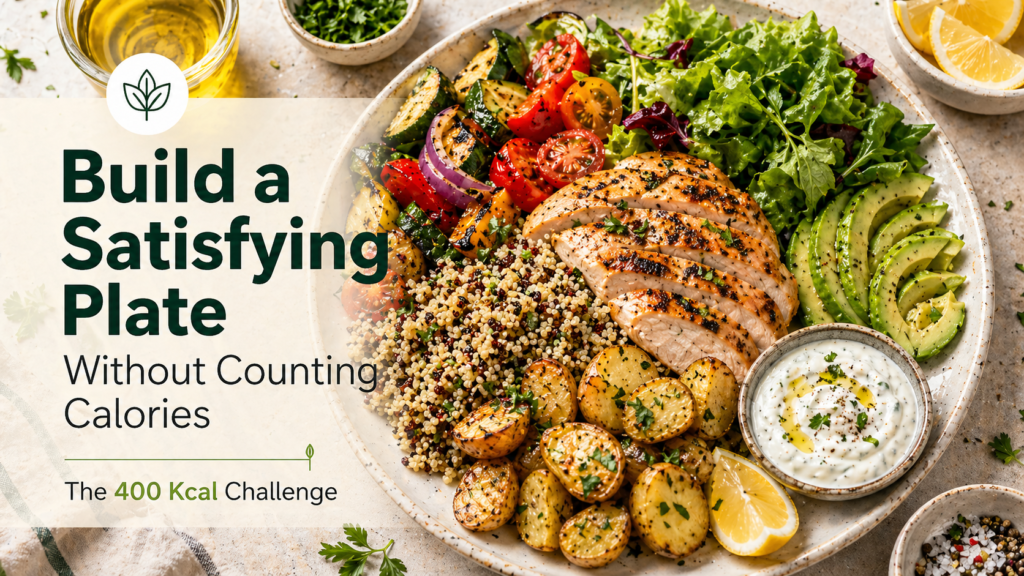 Healthy balanced plate with grilled chicken, quinoa, roasted potatoes, fresh salad, avocado, and yogurt sauce illustrating how to build a satisfying plate without counting calories.