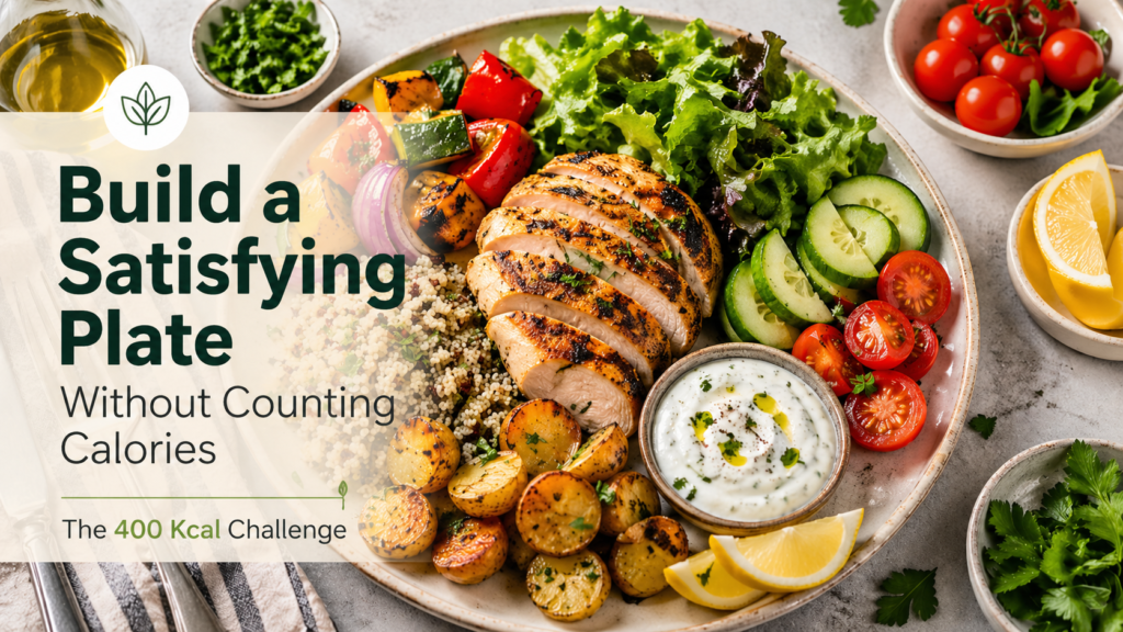 Healthy balanced plate with grilled chicken, quinoa, roasted potatoes, fresh vegetables, and yogurt sauce illustrating how to build a satisfying plate without counting calories.