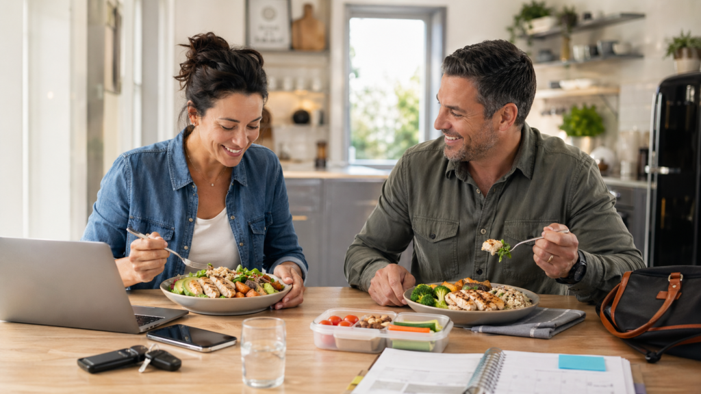 Busy woman and man eating a healthy 400 calorie meal at a kitchen table with laptop and lunchbox