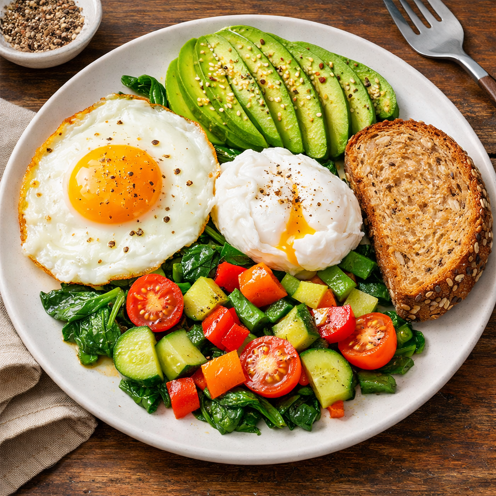 Fried or poached eggs with sliced avocado, mixed vegetables and wholegrain bread representing a 400 kcal breakfast.