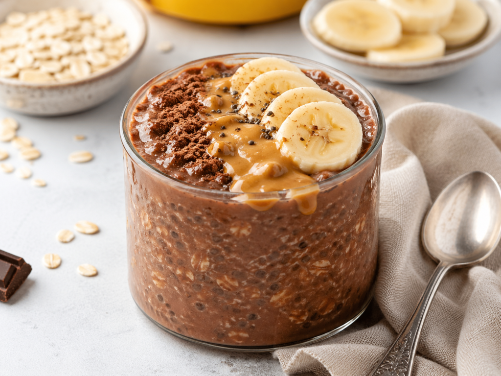 Chocolate banana overnight oats under 400 calories topped with banana slices, peanut butter, cocoa powder and chia seeds.