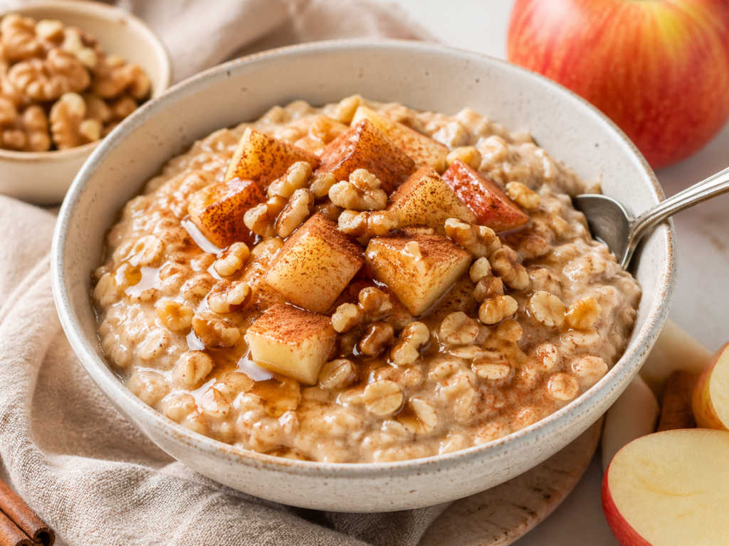 Cinnamon apple protein oatmeal under 400 calories topped with diced apples, walnuts and a light maple drizzle.