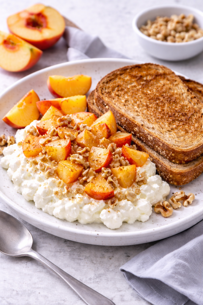Cottage cheese with peach slices, chopped walnuts, cinnamon, and whole-grain toast