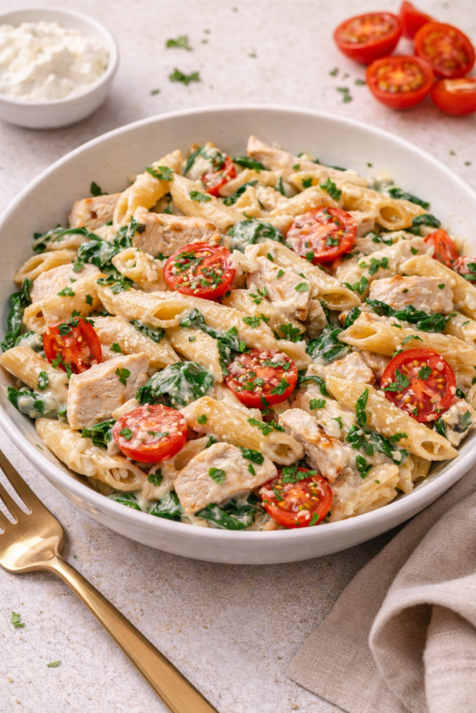 Creamy cottage cheese chicken pasta with penne, chicken breast, spinach, cherry tomatoes, and Parmesan in a white bowl