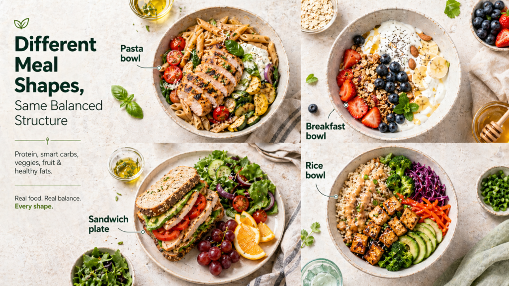 Infographic showing different balanced meal ideas including a pasta bowl, breakfast bowl, sandwich plate, and rice bowl with protein, smart carbs, vegetables, fruit, and healthy fats.