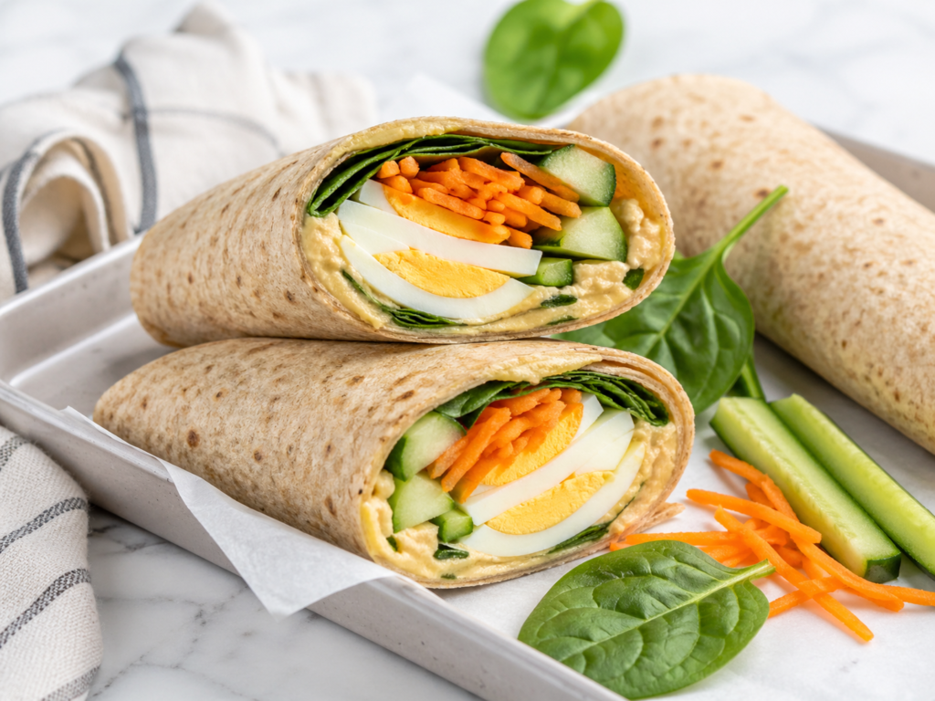 Egg hummus veggie wrap made with a whole wheat tortilla, boiled egg, hummus, spinach, carrot, and cucumber.