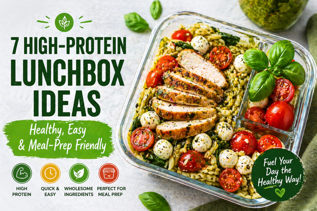 Featured image for 7 lunchbox ideas under 400 calories showing a healthy meal-prep lunchbox with overlaid promotional text and fresh ingredients