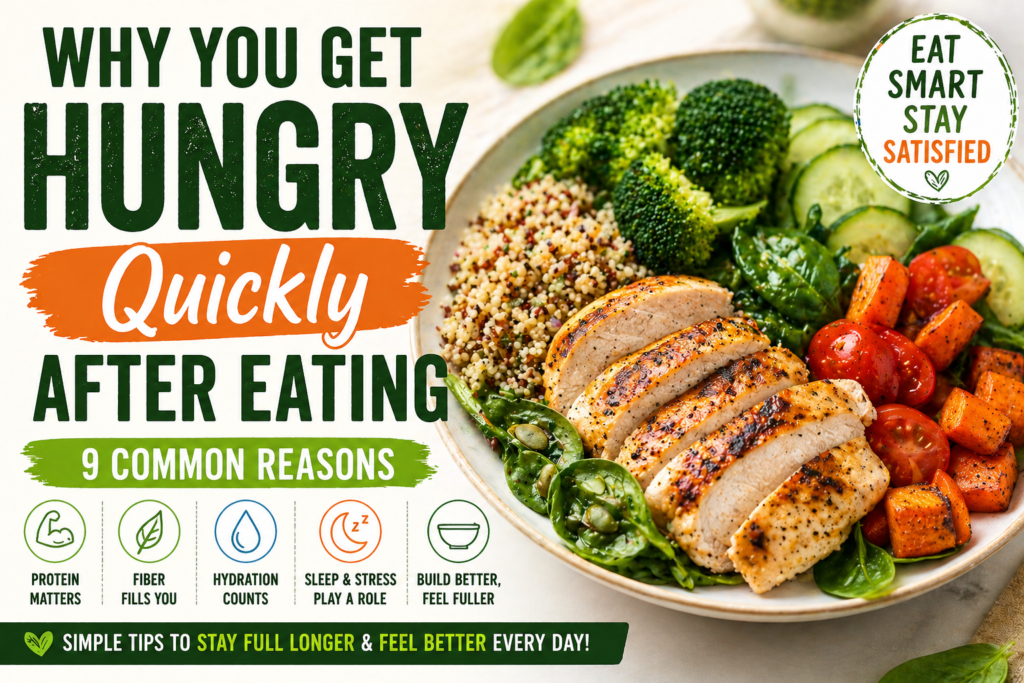 Featured image for an article about why you get hungry quickly after eating, showing a balanced plate with grilled chicken, grains, broccoli, spinach, cucumber, tomatoes, and overlaid explanatory text about common reasons for hunger after meals