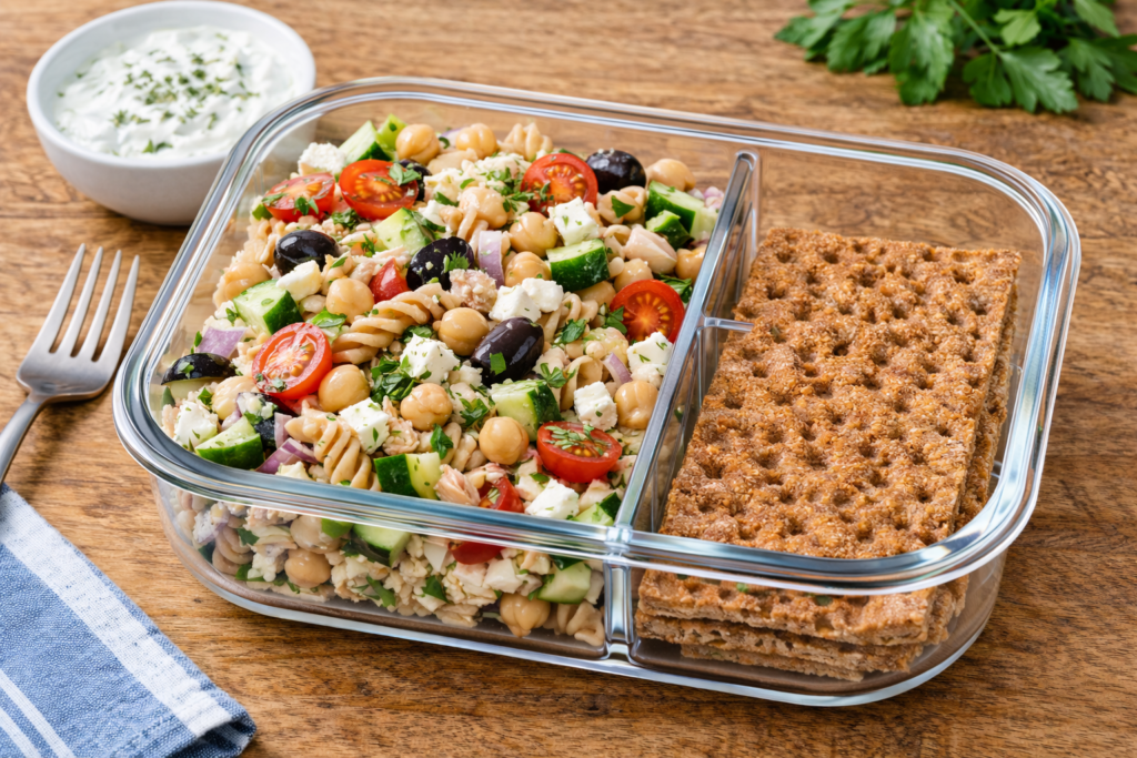Greek chickpea feta pasta lunchbox with wholewheat pasta, chickpeas, cucumber, cherry tomatoes, olives, feta, and crispbread