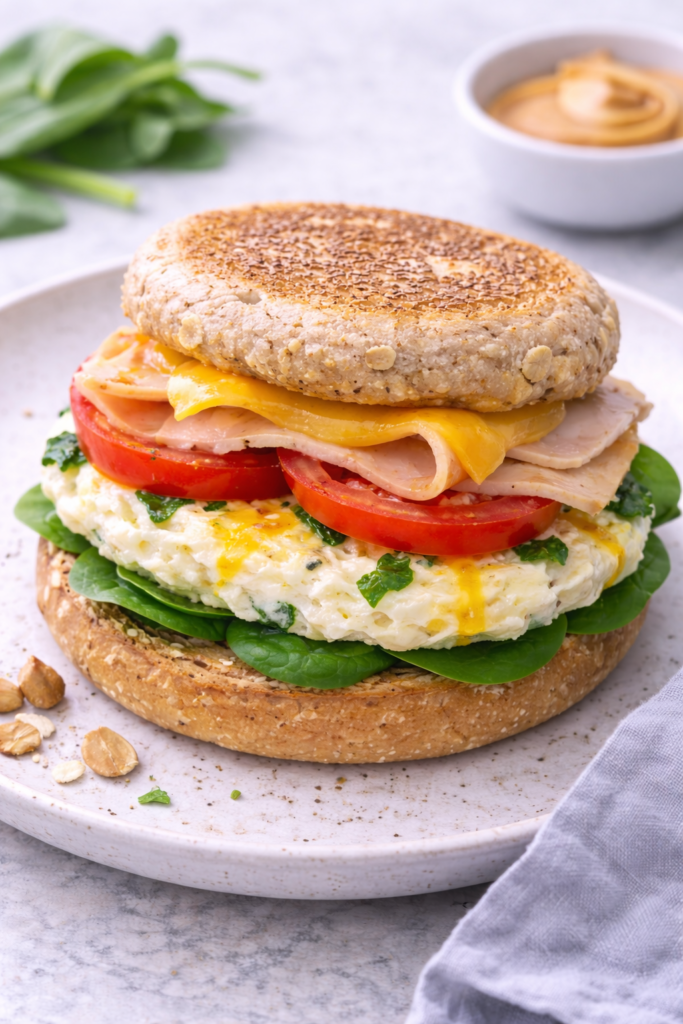 High-protein breakfast sandwich with egg, turkey, cheese, spinach, and tomato on an English muffin