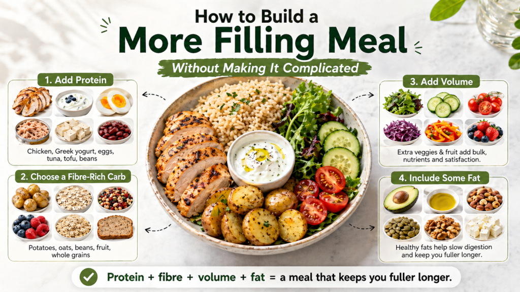 Infographic showing how to build a more filling meal with four key parts: protein, a fibre-rich carb, more volume from vegetables or fruit, and some healthy fat, alongside a balanced plate with chicken, potatoes, salad, cucumber, tomatoes, and yogurt dip