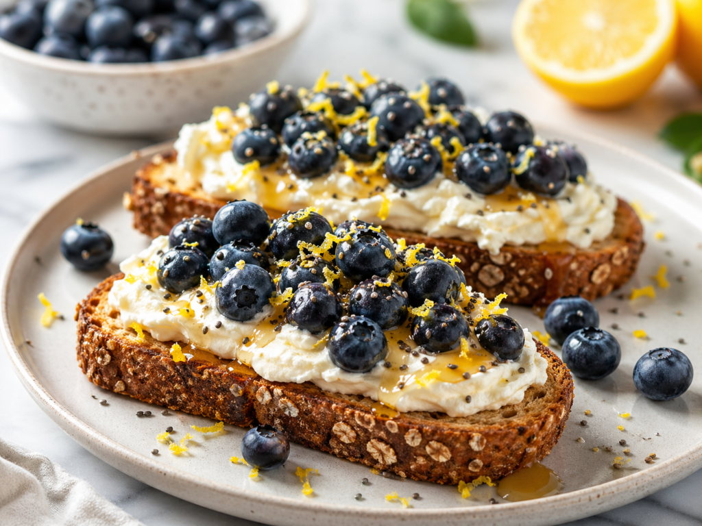 Lemon blueberry ricotta toast under 400 calories with creamy ricotta, fresh blueberries, honey, chia seeds and lemon zest.