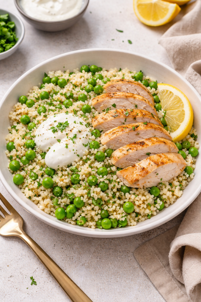 Lemon chicken, pea and herby couscous bowl with sliced grilled chicken breast, green peas, Greek yogurt, parsley, and a lemon wedge