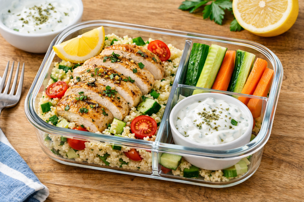 Lemon herb chicken couscous lunchbox with sliced chicken breast, fluffy couscous, cherry tomatoes, cucumber, carrot sticks, and a creamy yogurt dip