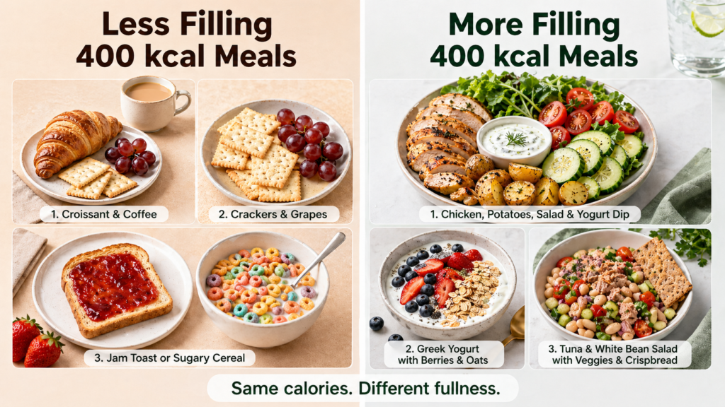 Comparison graphic showing less filling and more filling 400 kcal meals, with examples like croissant and coffee, crackers and grapes, jam toast or sugary cereal, chicken with potatoes and salad, Greek yogurt with berries and oats, and tuna white bean salad with crispbread