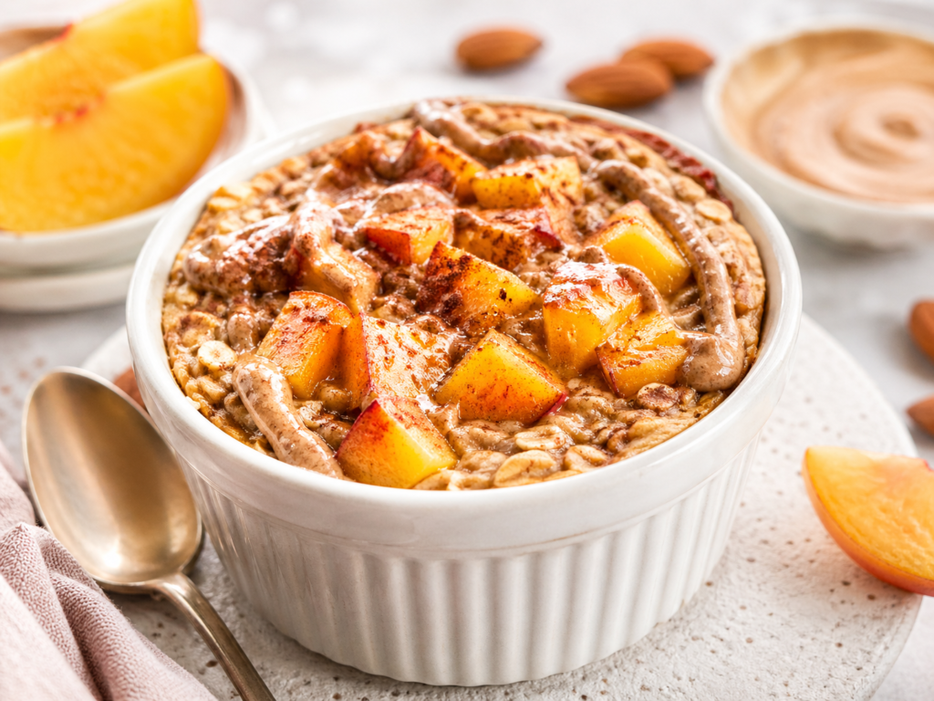 Peach almond baked oat cup under 400 calories in a ramekin, topped with diced peaches, almond butter and cinnamon.