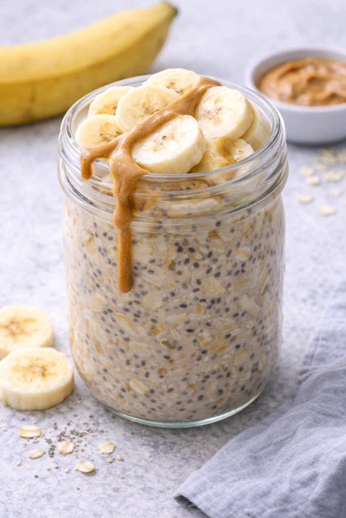 Peanut butter banana overnight oats in a glass jar topped with banana slices