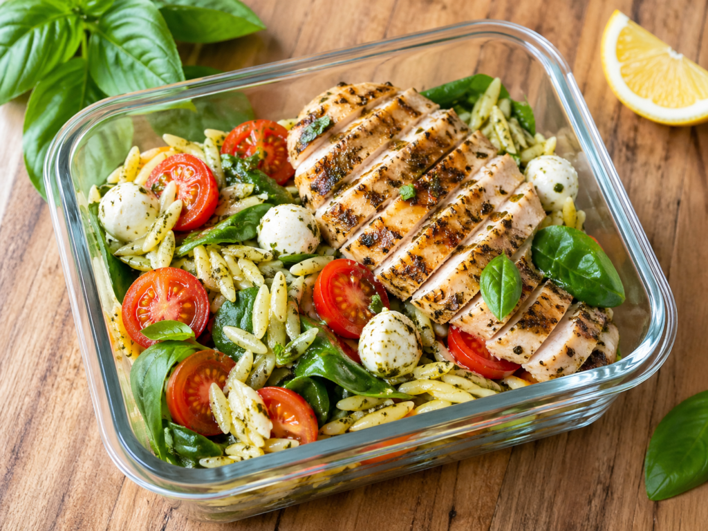 Pesto chicken orzo tomato lunchbox with sliced chicken breast, pesto orzo, cherry tomatoes, spinach, and mozzarella