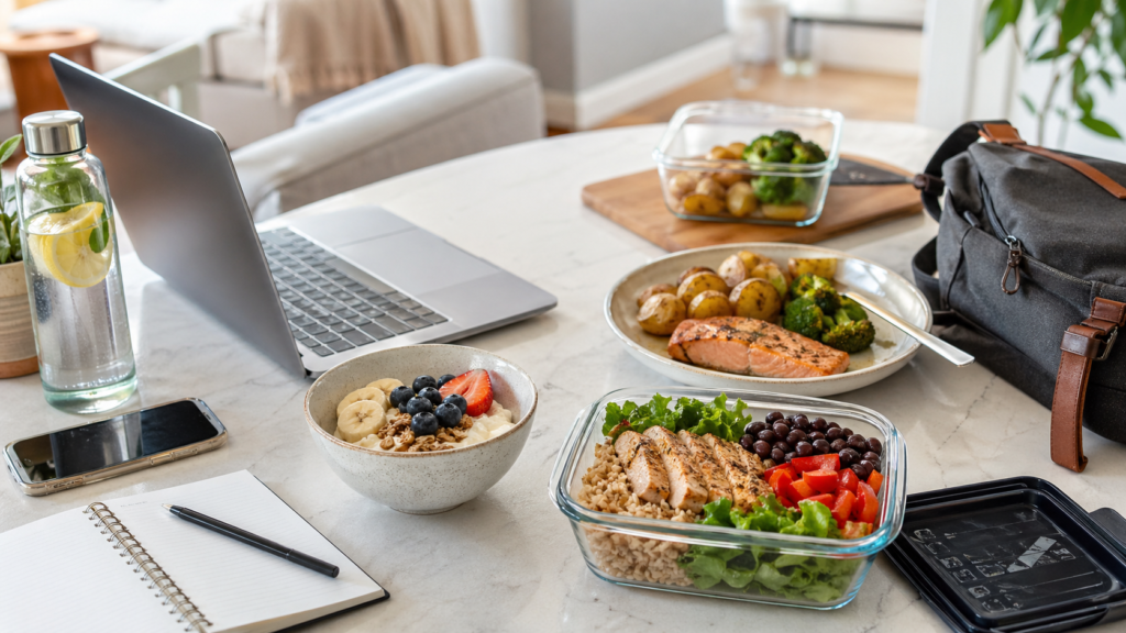 Realistic meal prep setup for busy people with a healthy lunch box, breakfast bowl, simple dinner, laptop, phone, planner, and water bottle