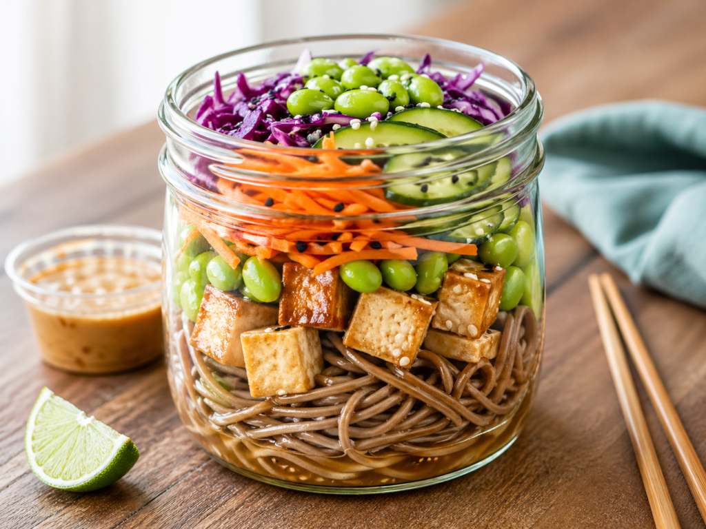 Sesame tofu edamame noodle jar with cucumber, carrot, and red cabbage