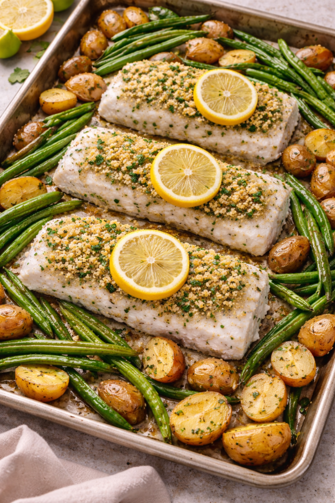 Sheet pan cod with roasted baby potatoes and green beans on a baking tray with lemon slices