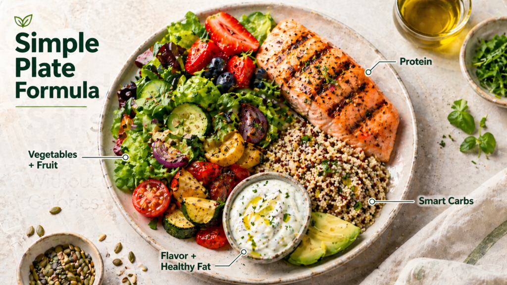 Healthy balanced plate with grilled chicken, quinoa, roasted potatoes, fresh vegetables, and yogurt sauce illustrating how to build a satisfying plate without counting calories.