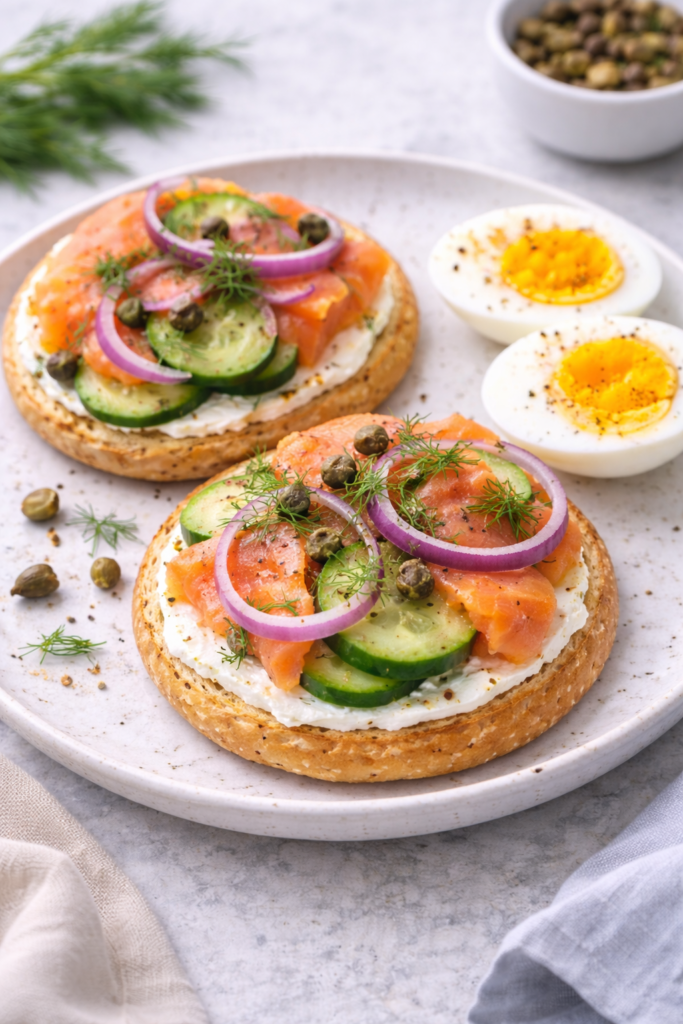 Smoked salmon bagel thin with cucumber, red onion, capers, dill, and a boiled egg