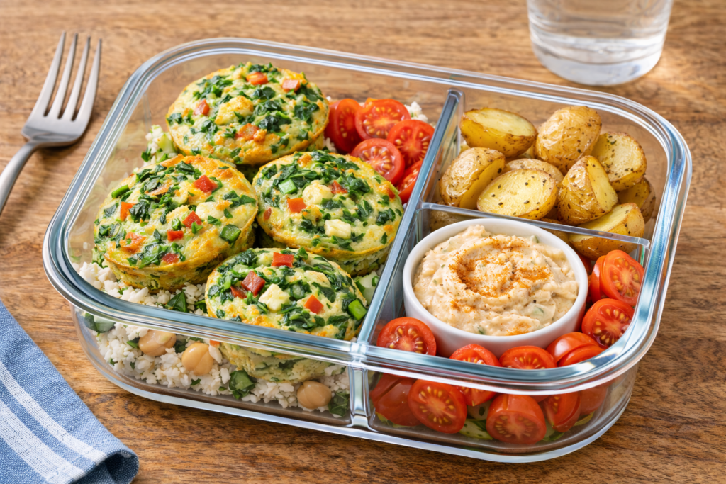 Spinach egg muffin protein lunchbox with mini egg muffins, roasted baby potatoes, cherry tomatoes, and hummus