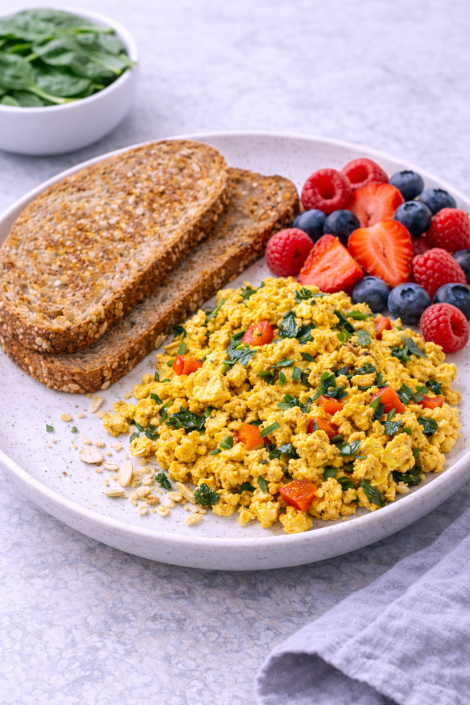 Tofu scramble with vegetables, whole-grain toast, and fresh berries