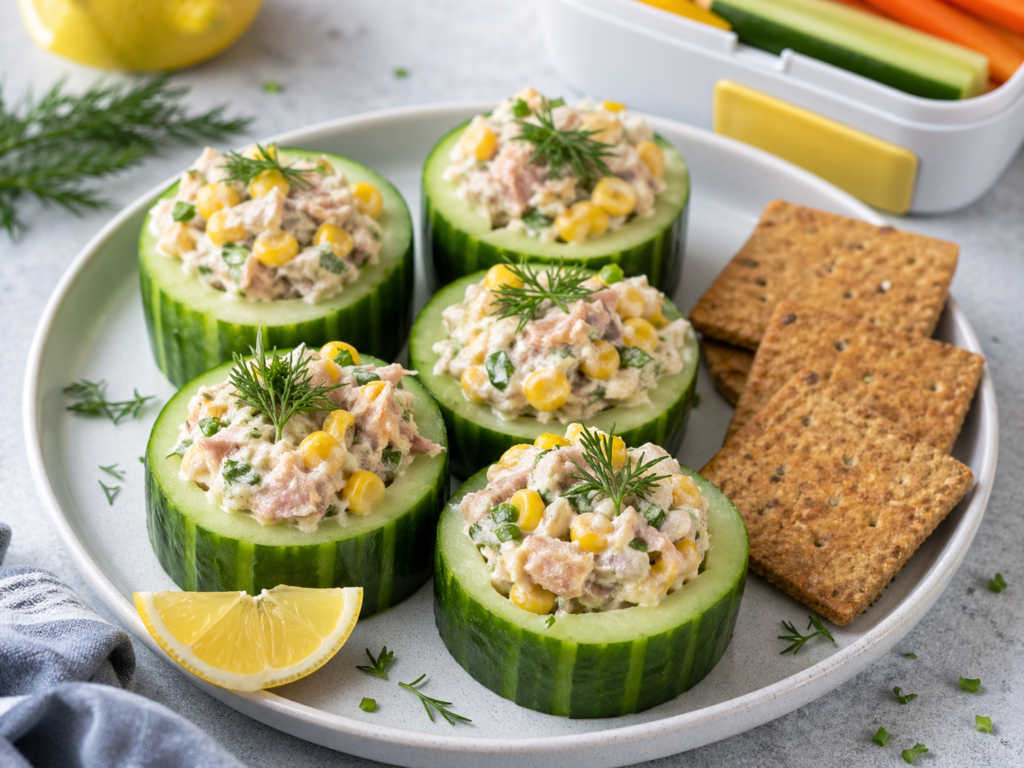 Tuna corn cucumber cups filled with creamy tuna salad, sweet corn, herbs, and served with whole grain crackers.