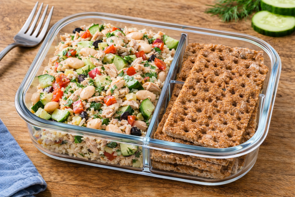 Tuna white bean crunch lunchbox with tuna salad, cannellini beans, cucumber, red pepper, herbs, and rye crispbreads