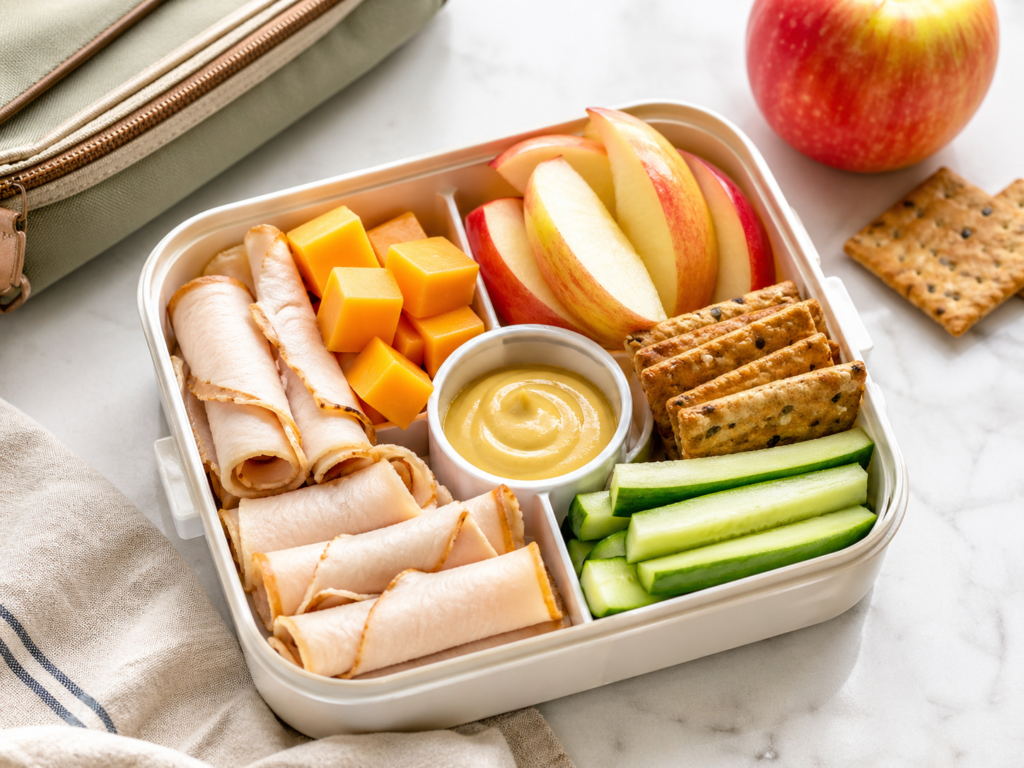 Turkey cheddar apple protein box with rolled turkey slices, cheddar cubes, apple wedges, whole grain crackers, cucumber sticks, and mustard dip.