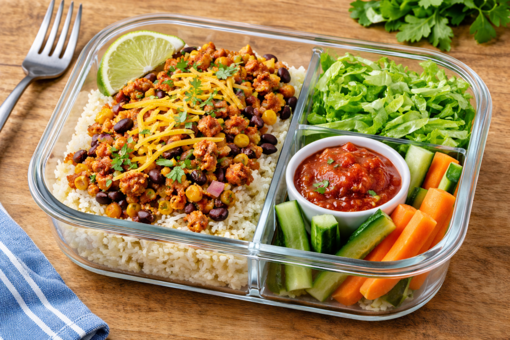 Turkey taco rice lunchbox with seasoned ground turkey, rice, black beans, corn, shredded lettuce, salsa, cucumber sticks, and carrot sticks
