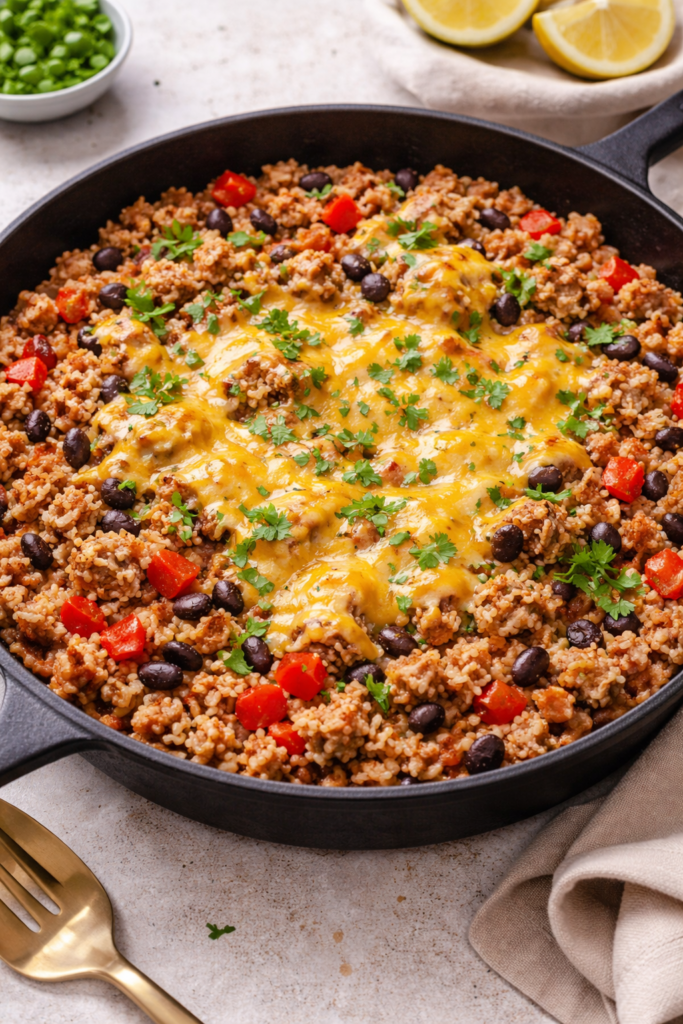 Turkey taco rice skillet with seasoned turkey, brown rice, black beans, red bell pepper, melted cheddar, and fresh cilantro in a cast-iron pan