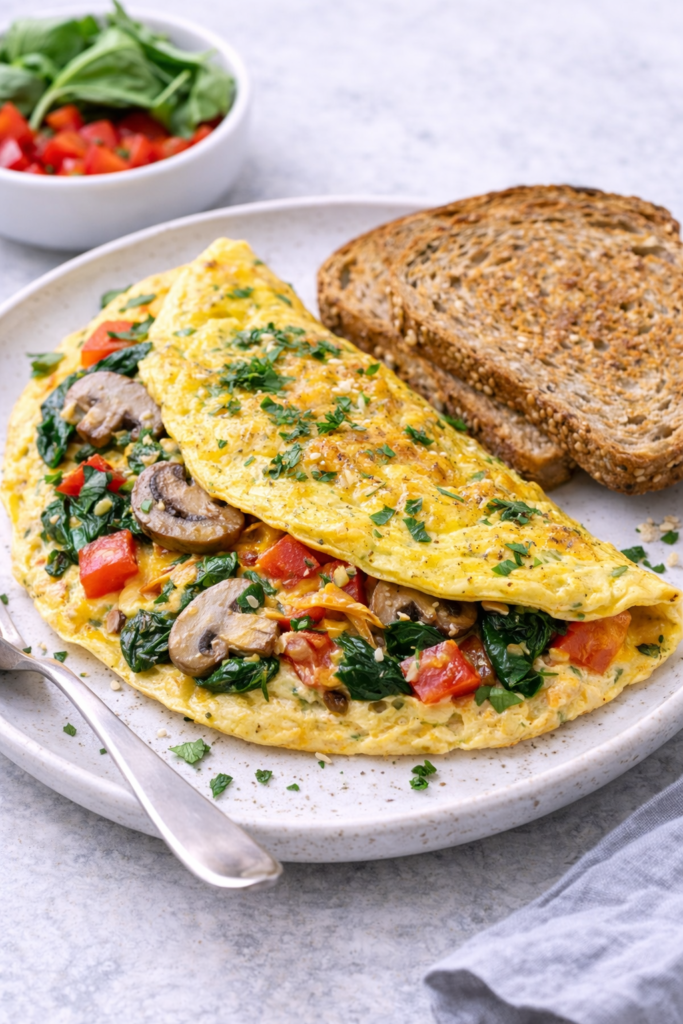 Veggie omelet with spinach, mushrooms, peppers, and whole-grain toast