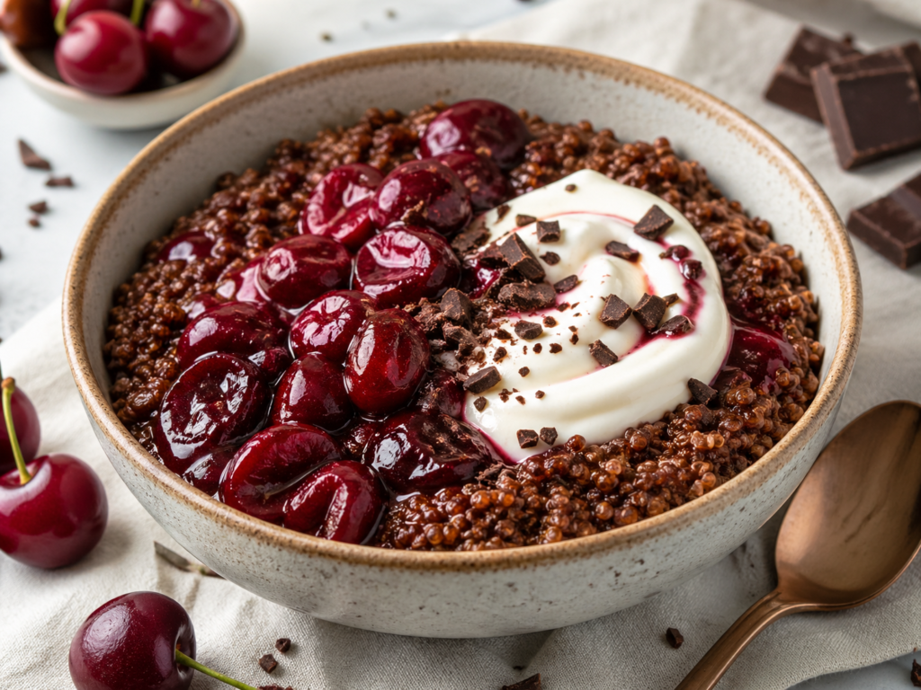 Warm cherry chocolate quinoa bowl under 400 calories topped with cherries, Greek yogurt and chopped dark chocolate.